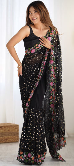 Black and Grey color Saree in Georgette fabric with Embroidered, Sequence, Thread work