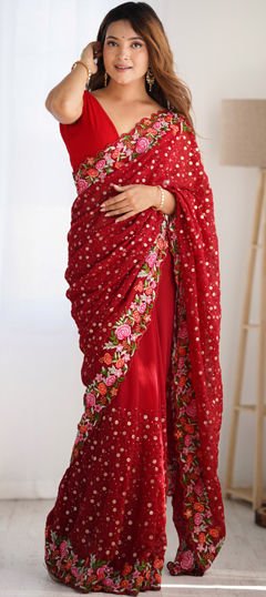 Red and Maroon color Saree in Georgette fabric with Embroidered, Sequence, Thread work