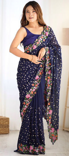 Blue color Saree in Georgette fabric with Embroidered, Sequence, Thread work