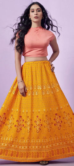 Yellow color Skirt in Rayon fabric with Printed work