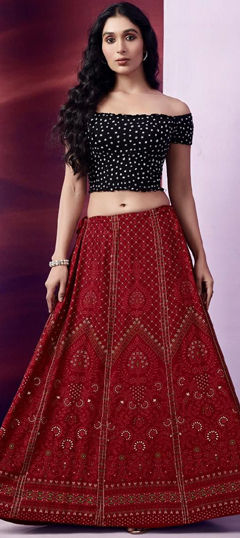 Red and Maroon color Skirt in Rayon fabric with Printed work