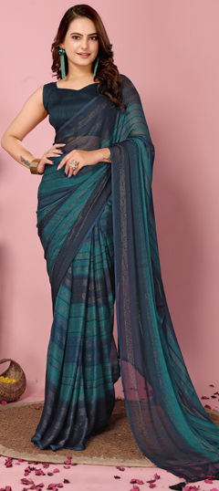 Blue color Readymade Saree in Art Silk fabric with Printed work