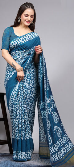 Blue, White and Off White color Saree in Cotton fabric with Printed work