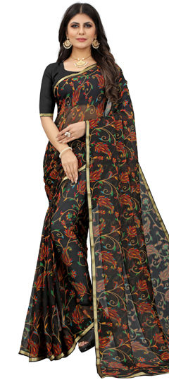 Black and Grey color Saree in Chiffon fabric with Printed work