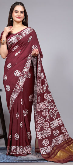 Red and Maroon color Saree in Cotton fabric with Printed work