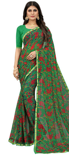 Green color Saree in Chiffon fabric with Printed work