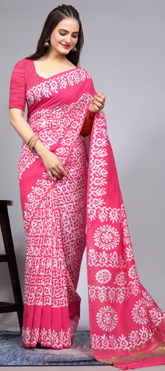 Pink and Majenta, White and Off White color Saree in Cotton fabric with Printed work