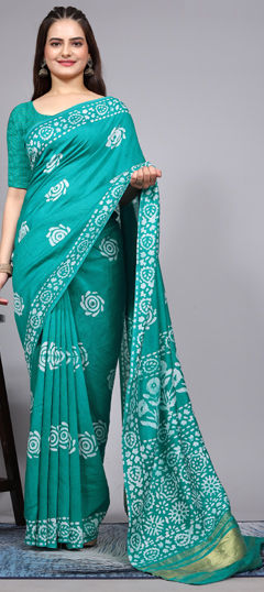 Green color Saree in Cotton fabric with Printed work