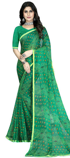 Green color Saree in Chiffon fabric with Bandhej, Printed work