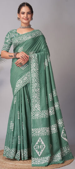 Green color Saree in Cotton fabric with Printed work