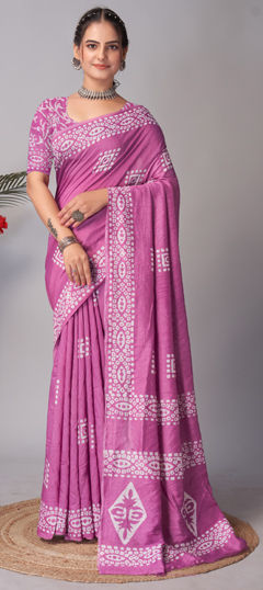 Pink and Majenta color Saree in Cotton fabric with Printed work