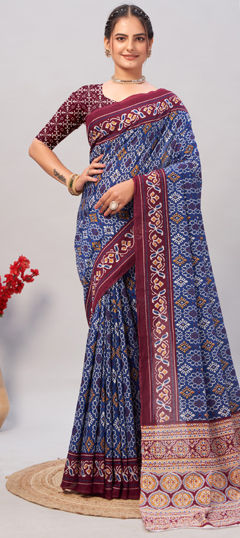 Blue color Saree in Cotton fabric with Printed work