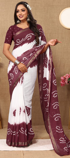 Red and Maroon, White and Off White color Saree in Cotton fabric with Bandhej, Printed work