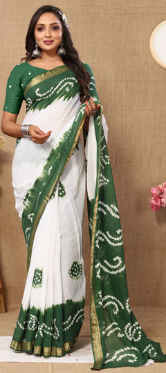 Green, White and Off White color Saree in Cotton fabric with Bandhej, Printed work