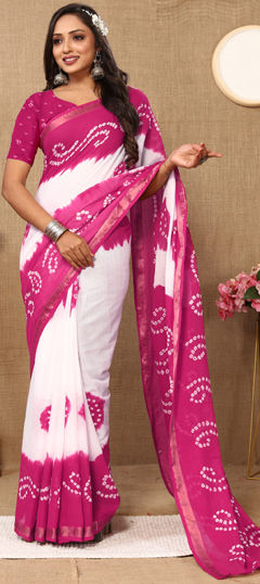 Pink and Majenta, White and Off White color Saree in Cotton fabric with Bandhej, Printed work