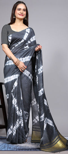 Black and Grey color Saree in Cotton fabric with Printed, Tye n Dye work