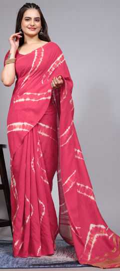 Pink and Majenta color Saree in Cotton fabric with Printed, Tye n Dye work