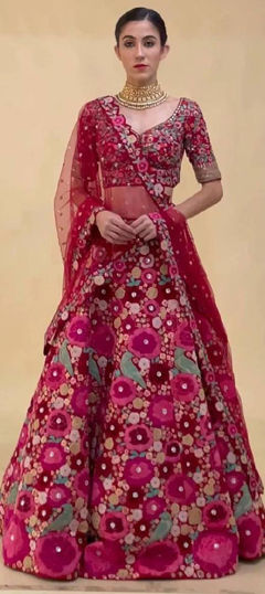 Red and Maroon color Lehenga in Velvet fabric with Embroidered, Sequence, Thread work