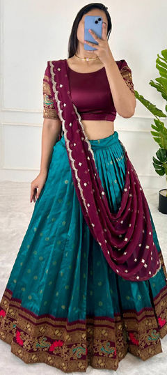 Blue color Lehenga in Velvet fabric with Embroidered, Sequence, Thread work