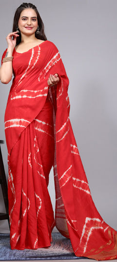 Red and Maroon color Saree in Cotton fabric with Printed, Tye n Dye work