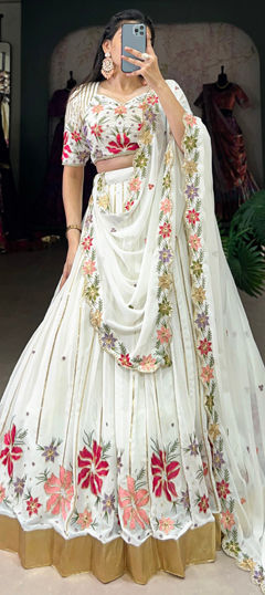 White and Off White color Lehenga in Velvet fabric with Embroidered, Sequence, Thread work