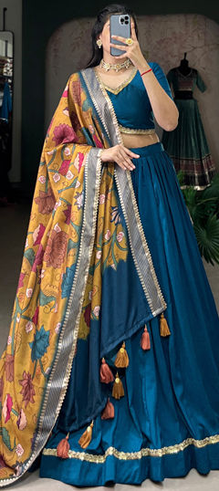 Blue color Lehenga in Silk fabric with Lace work