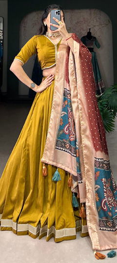 Yellow color Lehenga in Silk fabric with Lace work