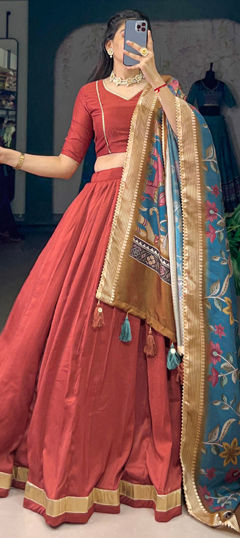 Red and Maroon color Lehenga in Silk fabric with Lace work