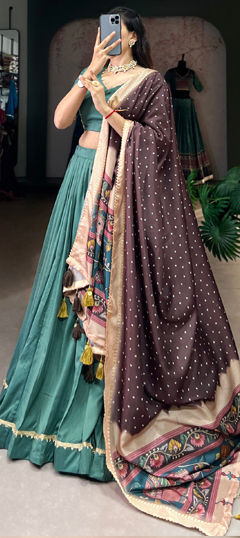 Green color Lehenga in Silk fabric with Lace work