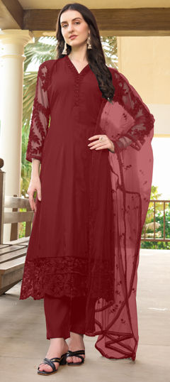 Red and Maroon color Salwar Kameez in Art Silk fabric with Cut Dana, Embroidered, Resham, Thread work