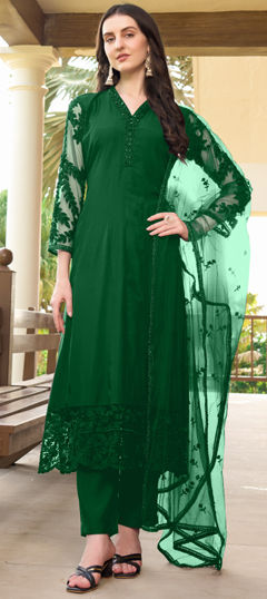 Green color Salwar Kameez in Art Silk fabric with Bugle Beads, Swarovski, Thread work