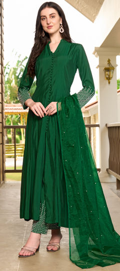 Green color Salwar Kameez in Art Silk fabric with Bugle Beads, Swarovski, Thread work