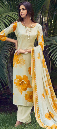 Beige and Brown color Salwar Kameez in Muslin fabric with Digital Print, Floral, Sequence, Zari work