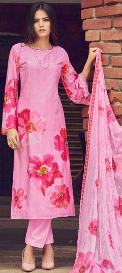 Pink and Majenta color Salwar Kameez in Muslin fabric with Digital Print, Floral, Sequence, Zari work