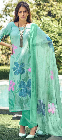 Green color Salwar Kameez in Muslin fabric with Digital Print, Floral, Sequence, Zari work