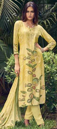 Yellow color Salwar Kameez in Muslin fabric with Digital Print, Floral, Sequence, Zari work