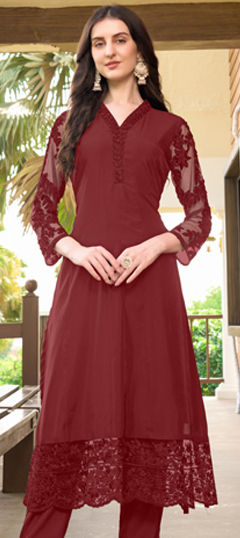 Red and Maroon color Kurti in Art Silk fabric with Cut Dana, Embroidered, Resham, Thread work