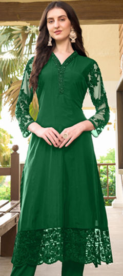 Green color Kurti in Art Silk fabric with Cut Dana, Embroidered, Resham, Thread work