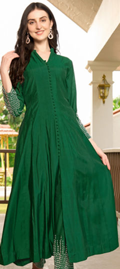 Green color Kurti in Art Silk fabric with Bugle Beads, Swarovski, Thread work