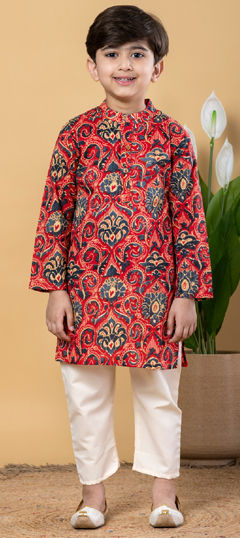 Red and Maroon color Boys Kurta Pyjama in Cotton fabric with Printed work