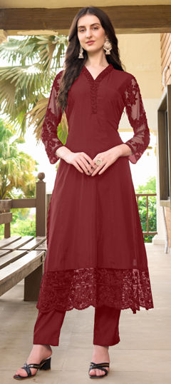 Red and Maroon color Salwar Kameez in Art Silk fabric with Cut Dana, Embroidered, Resham, Thread work