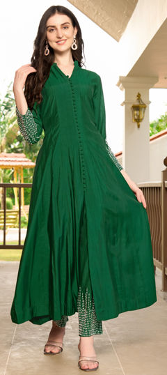 Green color Salwar Kameez in Art Silk fabric with Bugle Beads, Swarovski, Thread work