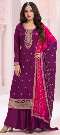 Pink and Majenta color Salwar Kameez in Art Silk fabric with Embroidered, Sequence, Thread work