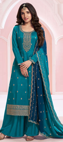 Blue color Salwar Kameez in Art Silk fabric with Embroidered, Sequence, Thread work