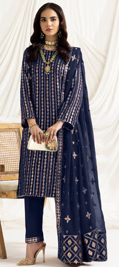 Blue color Salwar Kameez in Georgette fabric with Embroidered, Thread, Zari work