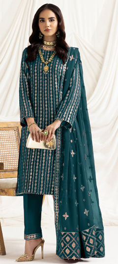 Blue color Salwar Kameez in Georgette fabric with Embroidered, Thread, Zari work