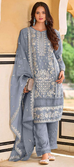 Black and Grey color Salwar Kameez in Organza Silk fabric with Embroidered, Sequence, Thread work