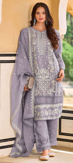 Purple and Violet color Salwar Kameez in Organza Silk fabric with Embroidered, Sequence, Thread work