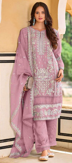 Pink and Majenta color Salwar Kameez in Organza Silk fabric with Embroidered, Sequence, Thread work