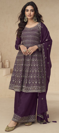 Purple and Violet color Salwar Kameez in Silk fabric with Embroidered, Sequence, Thread work